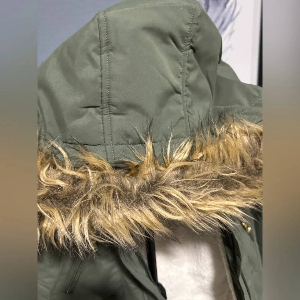 Justice Kids Olive Puffer Jacket with Faux Fur Trim